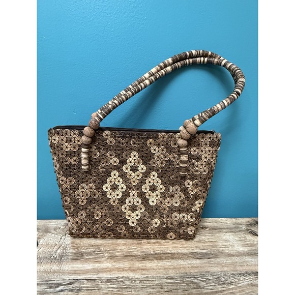 Funky Eclectic Handbag Purse Brown Beaded Coconut Shell Handmade in Indonesia - Picture 1 of 12
